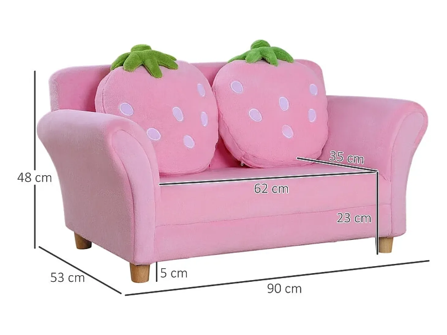 Sofá rosa de 2 plazas - Sofá infantil con 2 cojines y reposabrazos con estampado de fresas