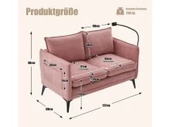 Sofá rosa de 2 plazas - Sofá con bolsillos laterales de almacenamiento y soporte para teléfono - para sala de estar y dormitorio