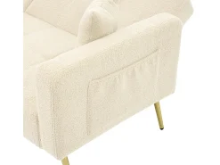 Sofá-cama con función de cama, ángulo ajustable, patas doradas, con cojines y bolsillos de almacenamiento laterales, beige