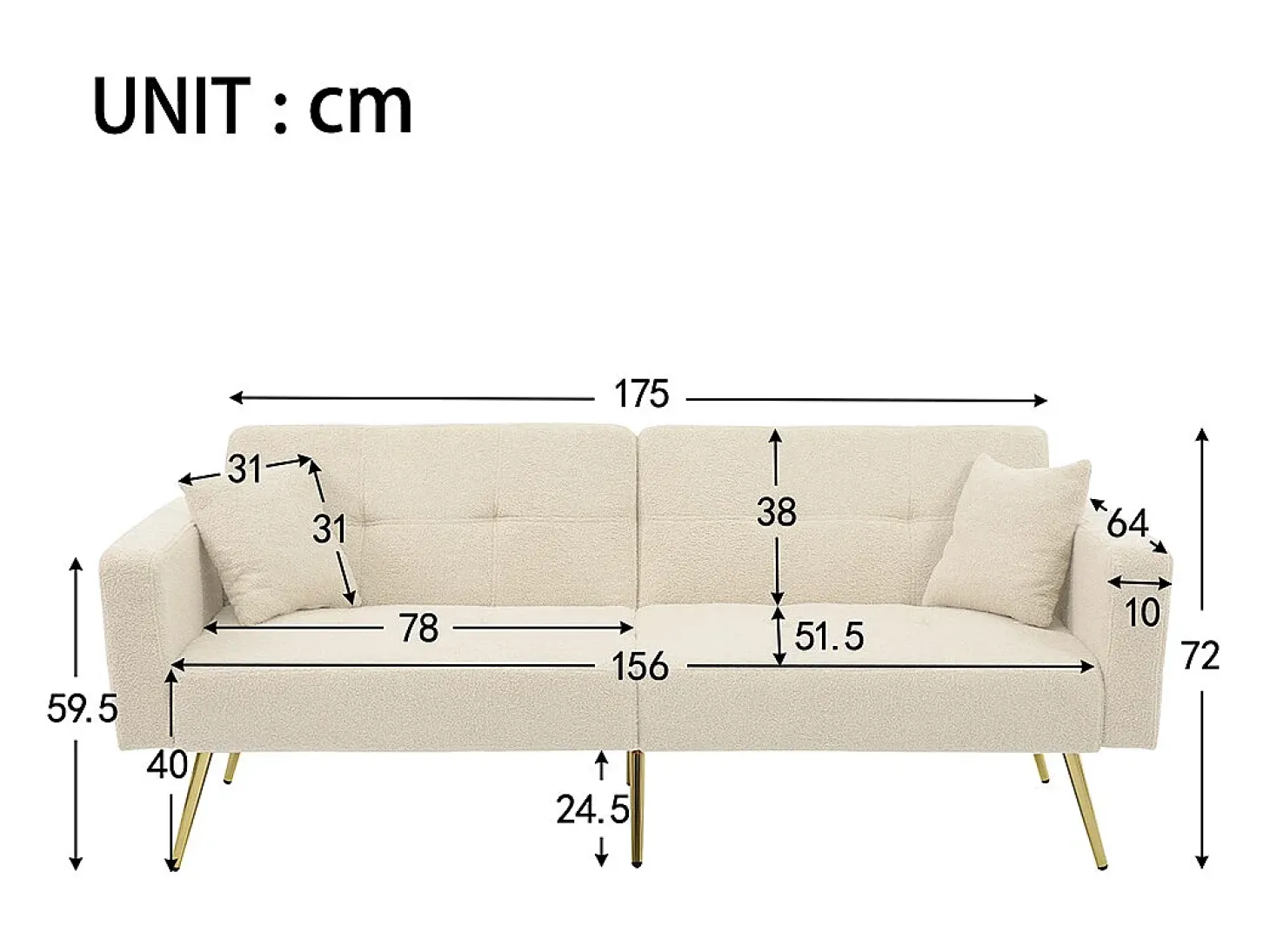Sofá-cama con función de cama, ángulo ajustable, patas doradas, con cojines y bolsillos de almacenamiento laterales, beige