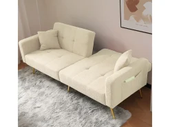 Sofá-cama con función de cama, ángulo ajustable, patas doradas, con cojines y bolsillos de almacenamiento laterales, beige