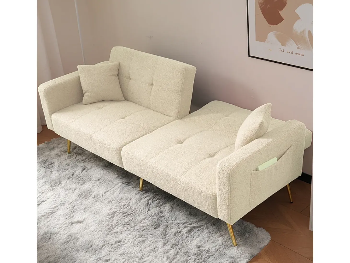 Sofá-cama con función de cama, ángulo ajustable, patas doradas, con cojines y bolsillos de almacenamiento laterales, beige