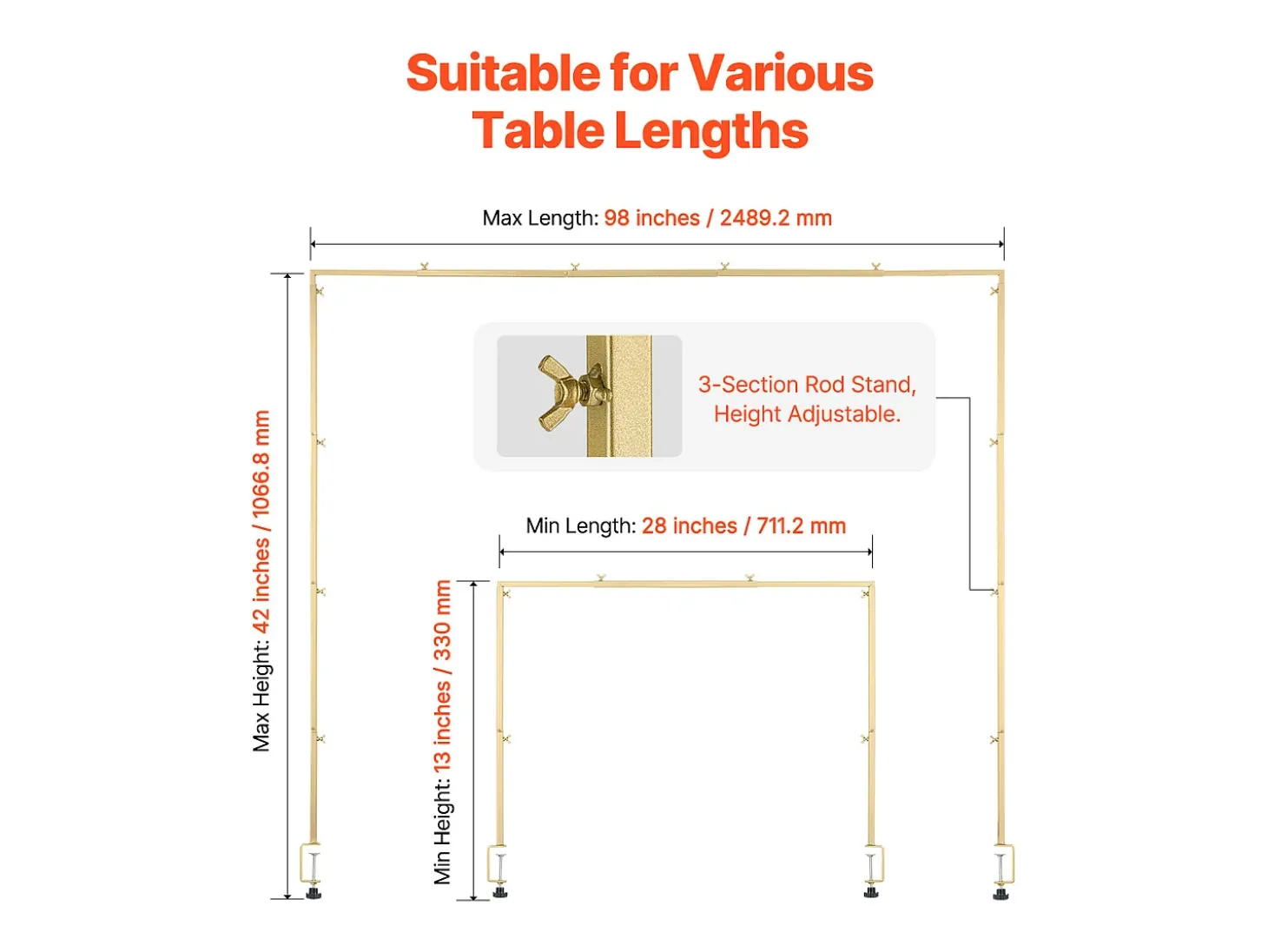 Soporte de Vara de Mesa SucceBuy con Pinzas, Soporte Arco de Mesa, Altura Ajustable 33-107 cm Longitud Ajustable 71.12-249 cm, Marco de Arco Metal