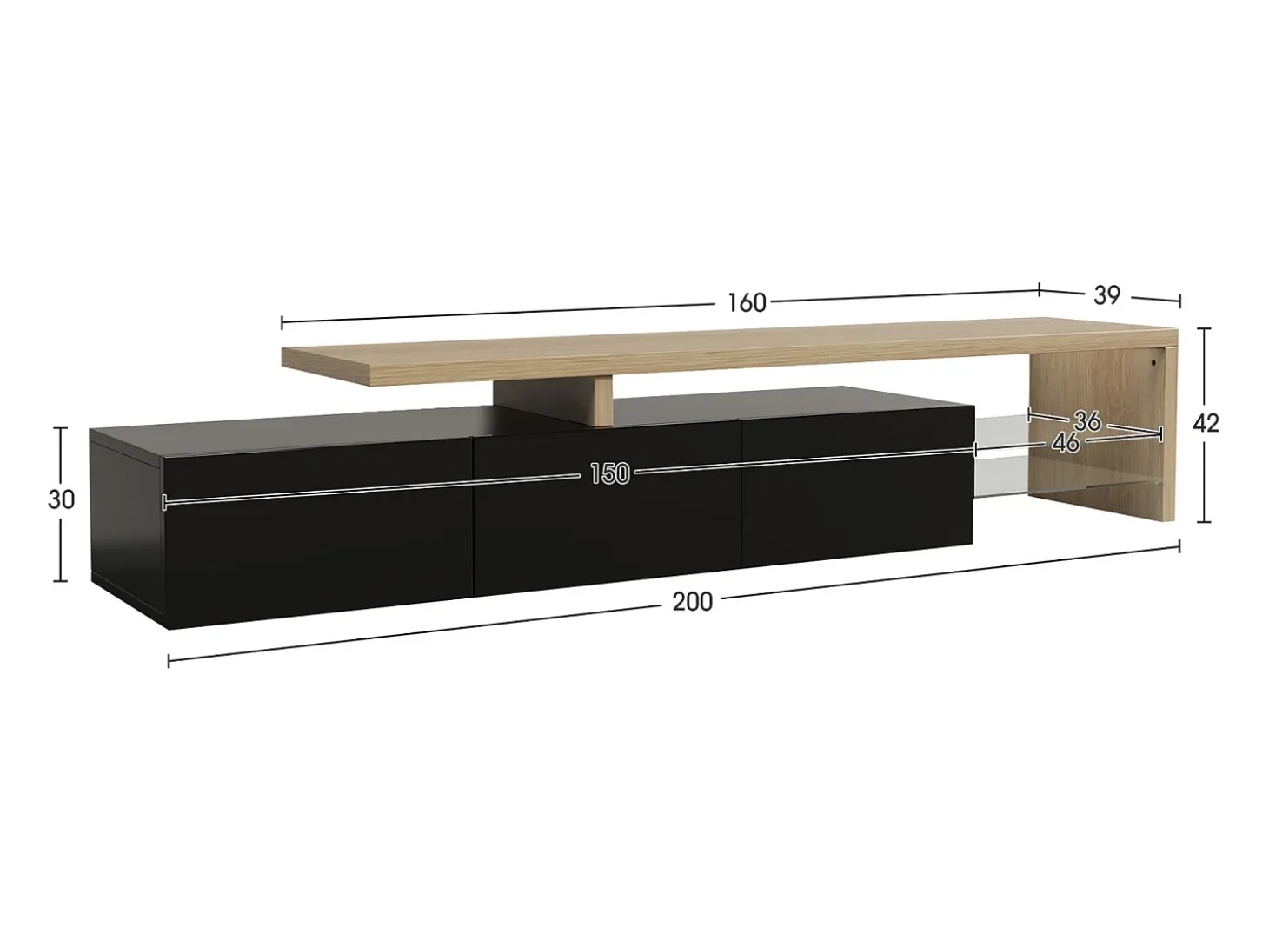 Soporte para TV 200 x 39 x 42 cm, soporte para TV con iluminación LED de 7 colores, soporte para TV con tablero, negro