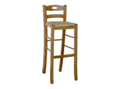 Taburete alto de bar en madera de nogal claro con asa h 80 cm asiento de paja