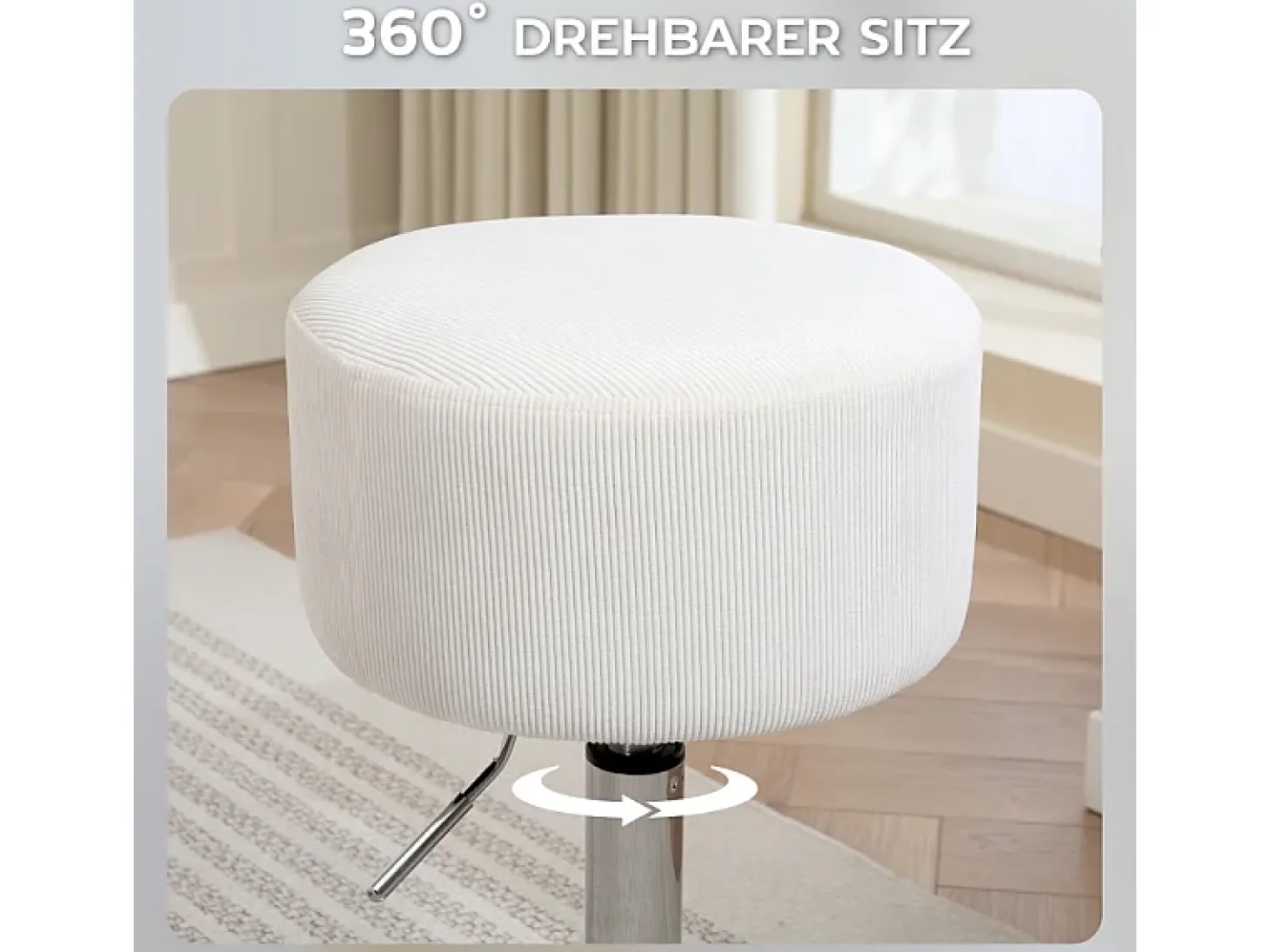 Taburete de bar con respaldo, giratorio 360°, asiento acolchado, estructura de metal, altura regulable, diseño moderno, blanco (38x38x52-66 cm)