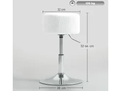 Taburete de bar con respaldo, giratorio 360°, asiento acolchado, estructura de metal, altura regulable, diseño moderno, blanco (38x38x52-66 cm)