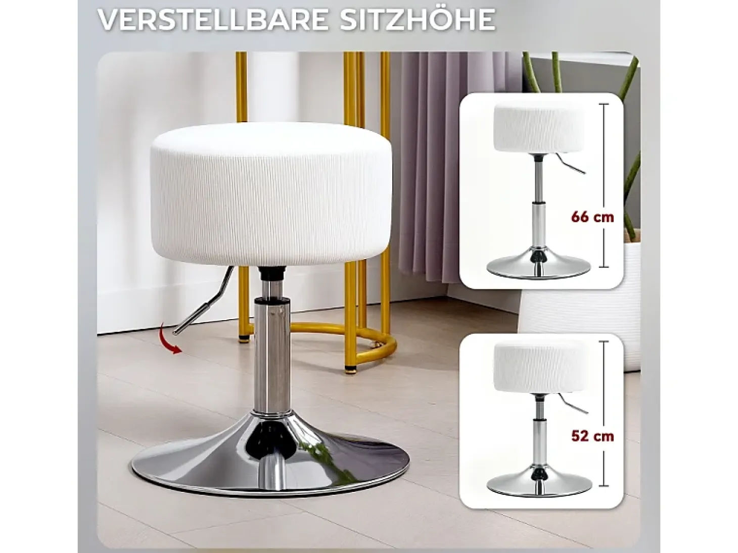Taburete de bar con respaldo, giratorio 360°, asiento acolchado, estructura de metal, altura regulable, diseño moderno, blanco (38x38x52-66 cm)