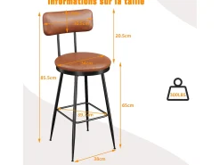 Taburete de bar, juego de 4, trona de cocina, silla de bar con reposapiés y respaldo, para comedor, cocina, piel sintética, marrón