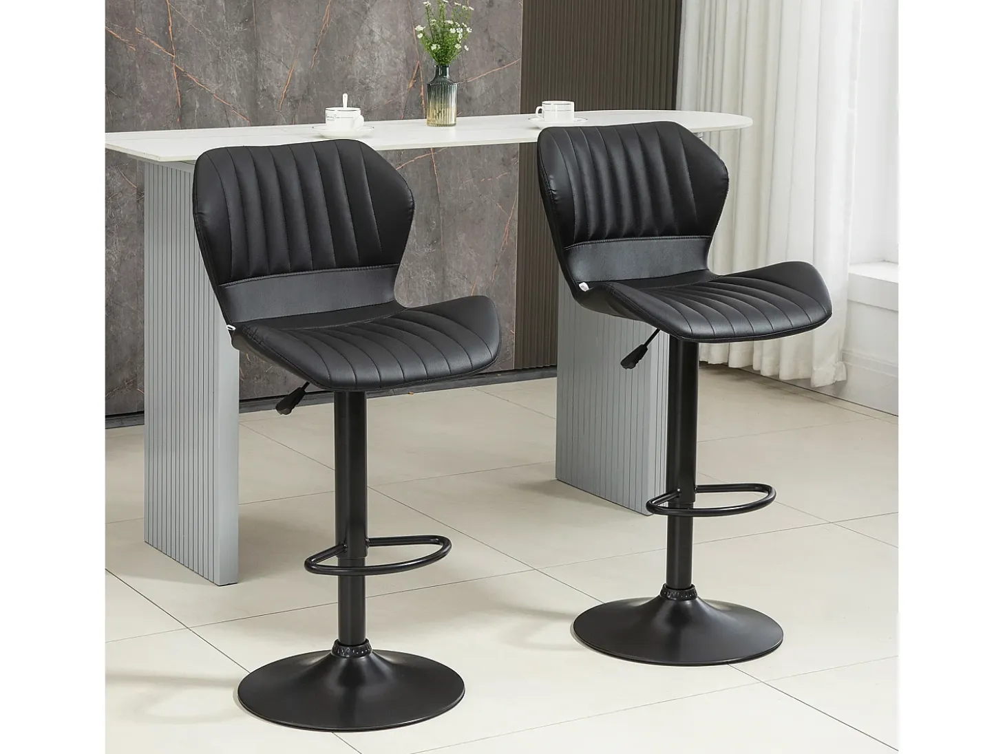 Taburete de bar, regulable en altura, con respaldo, piel sintética, color negro (48,5x55,5x90-110 cm)