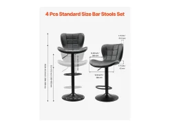 Taburete de Bar SucceBuy, Lote de 4, Silla de Bar Moderna en Piel de PU, Asiento de Cocina Giratorio, Altura Ajustable, con Respaldo Y Reposapiés, Negro