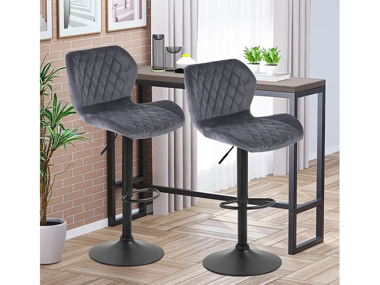 Taburete de barra de cocina ajustable moderno en tela de terciopelo Jersey. - Gris Oscuro