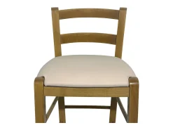 Taburete de madera de nogal claro con respaldo h 66 cm con asiento de polipiel beige
