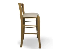 Taburete de madera de nogal claro con respaldo h 66 cm con asiento de polipiel beige