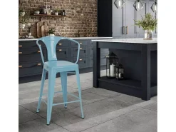 taburete diseño industrial para bar y cocina, con respaldo de metal estilo steel back - Azul