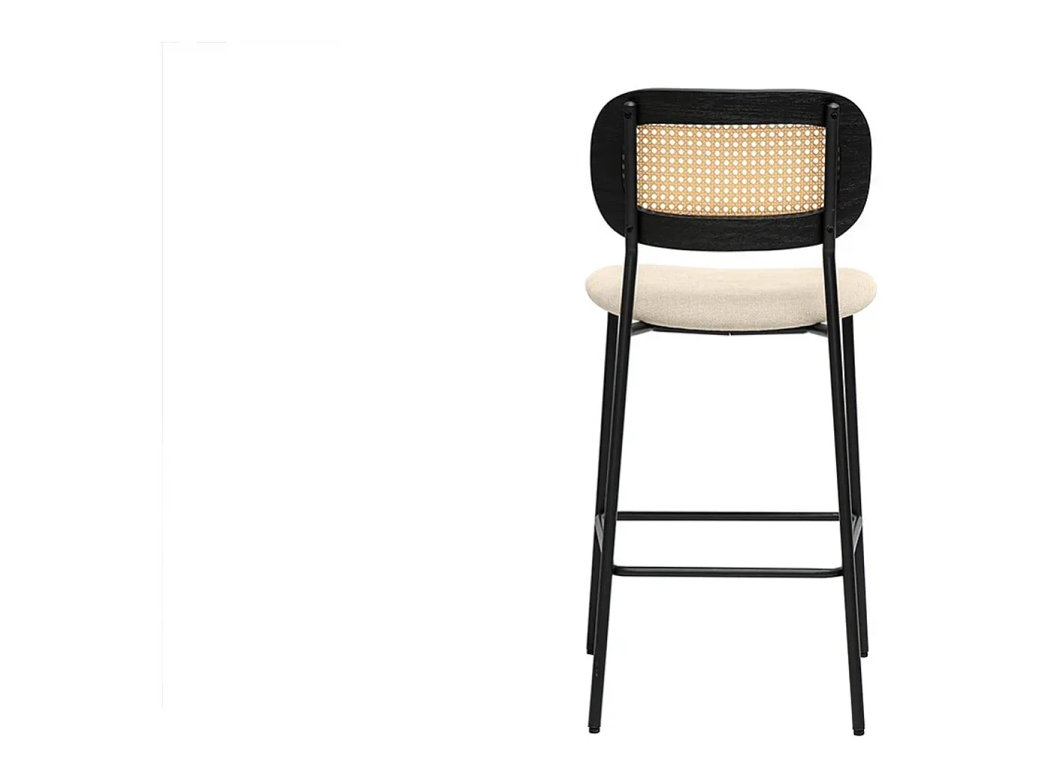Taburetes de diseño en tela efecto terciopelo texturizado beige, metal negro y mimbre (juego de 2) MIRANDA