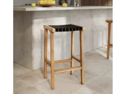 Taburetes para isla de cocina de teca y cuero negro tejido 66 cm - Kuna