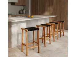Taburetes para isla de cocina de teca y cuero negro tejido 66 cm - Kuna