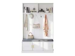 Taquilla - 120 x 40 x 191 cm - con banco zapatero + armario + 6 ganchos triples - aglomerado - blanco