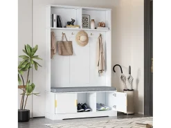 Taquilla - 120 x 40 x 191 cm - con banco zapatero + armario + 6 ganchos triples - aglomerado - blanco