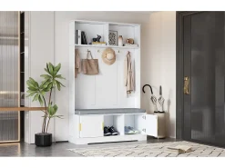 Taquilla - 120 x 40 x 191 cm - con banco zapatero + armario + 6 ganchos triples - aglomerado - blanco