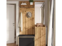 Taquilla con espejo + banco + zapatero y ganchos - 100 x 38 x 185 cm - aglomerado - natural