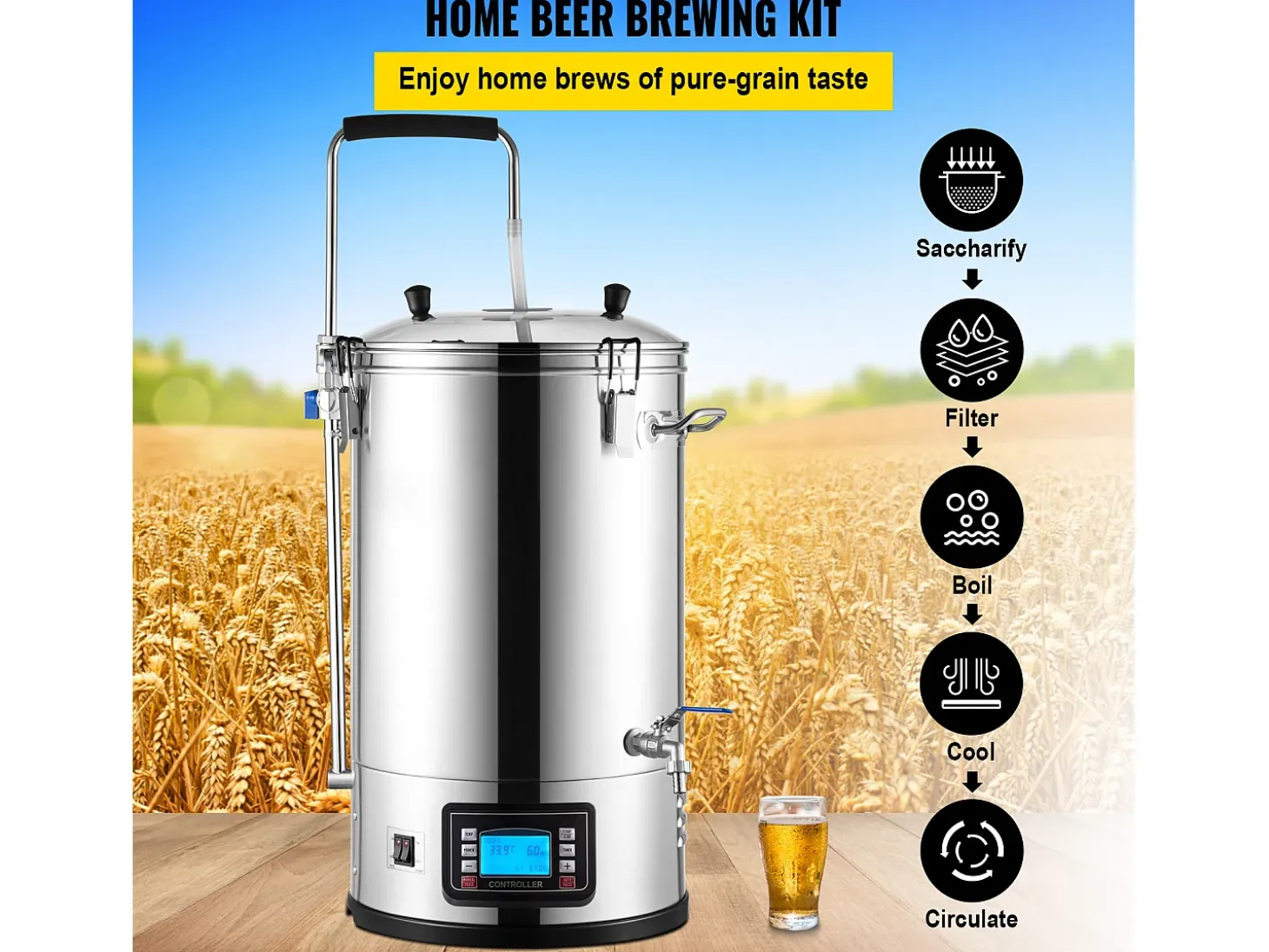 Tina de Mezcla SucceBuy | Sistema de Mezcla de Cerveza Todo-en-Uno Pot con Bomba de Circulación 30 L