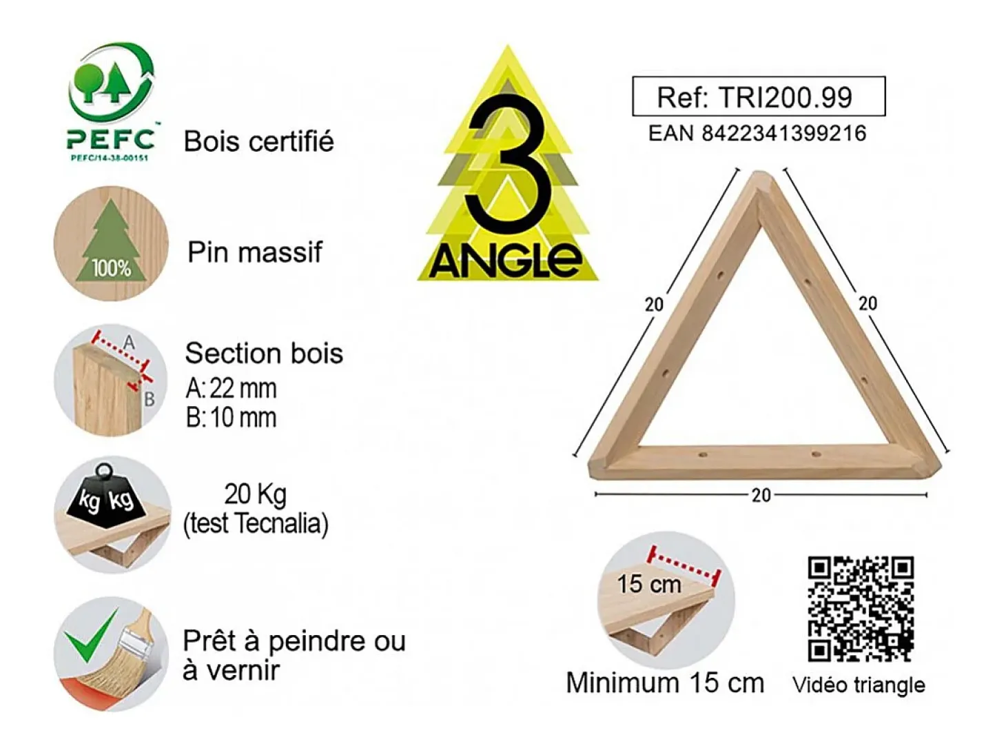 Triángulo cuadrado de pino en bruto de 20 cm