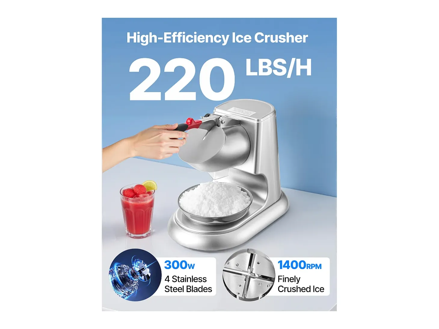 Triturador de Hielo SucceBuy Eléctrico Capacidad de 100 kg/h, Máquina de Hielo Picado a 4 Cuchillas, de Acero Inoxidable, con Bol y Tapa, 2000 rpm