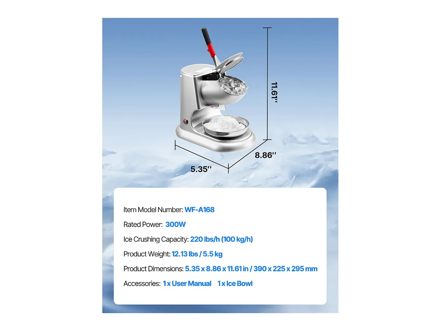 Triturador de Hielo SucceBuy Eléctrico Capacidad de 100 kg/h, Máquina de Hielo Picado a 4 Cuchillas, de Acero Inoxidable, con Bol y Tapa, 2000 rpm