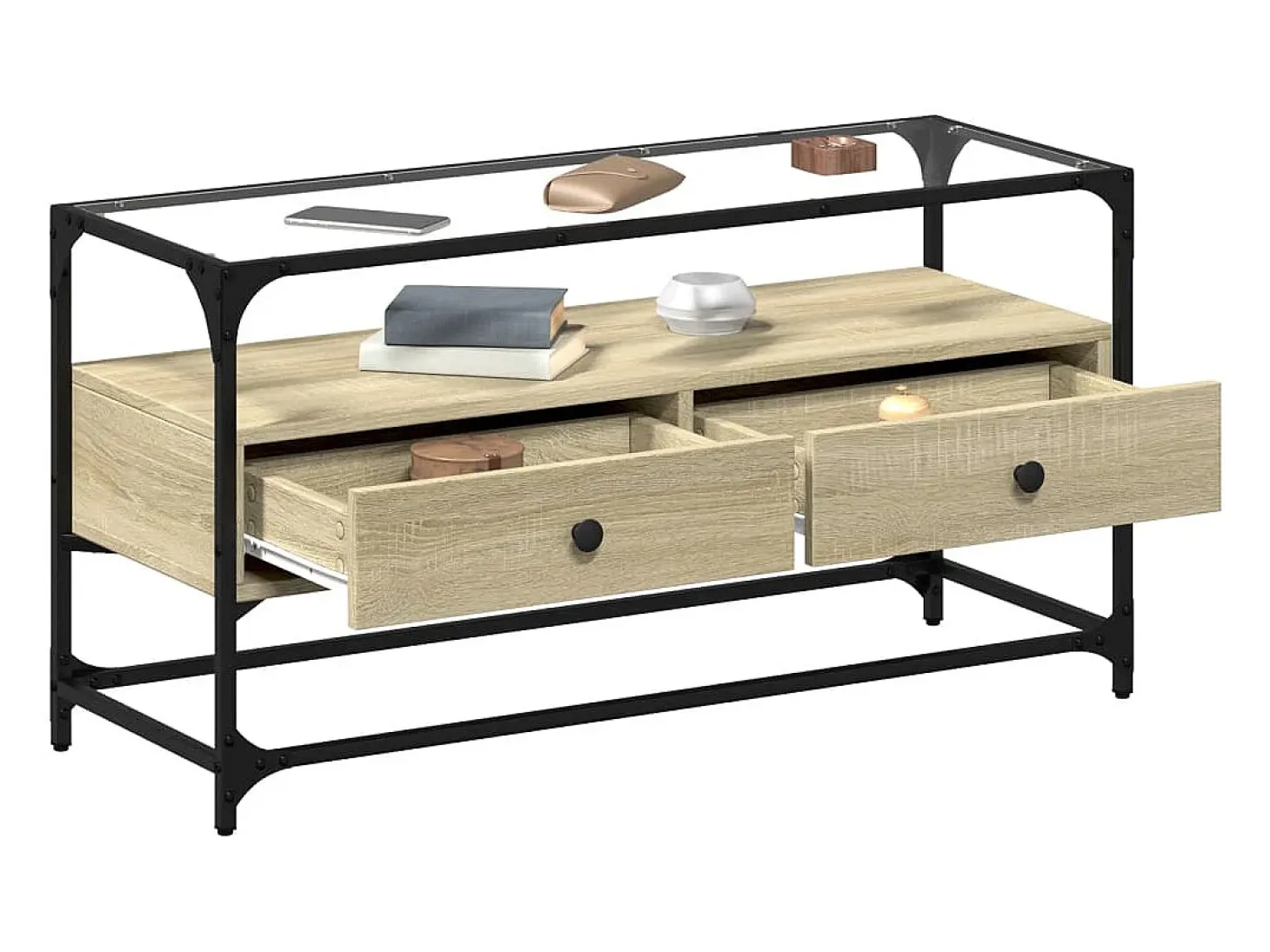 Varel Mueble TV cristal y madera ingeniería roble Sonoma 98x35x51 cm