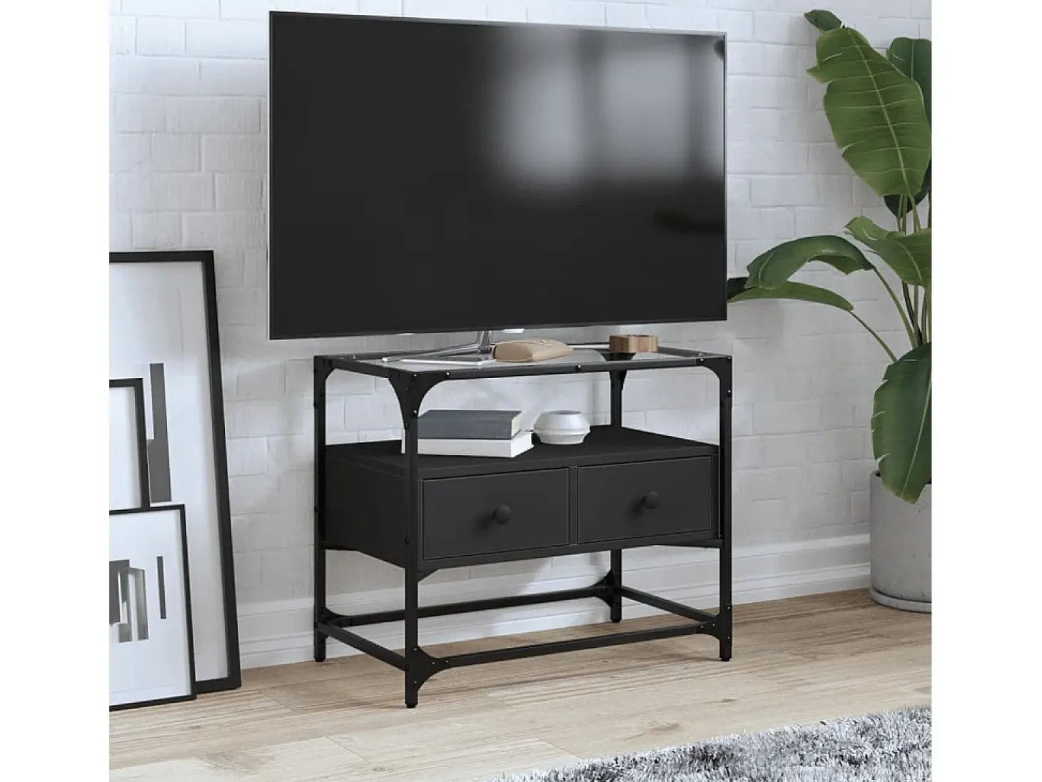 Varel Mueble TV tablero cristal madera ingeniería negro 60x35x51 cm