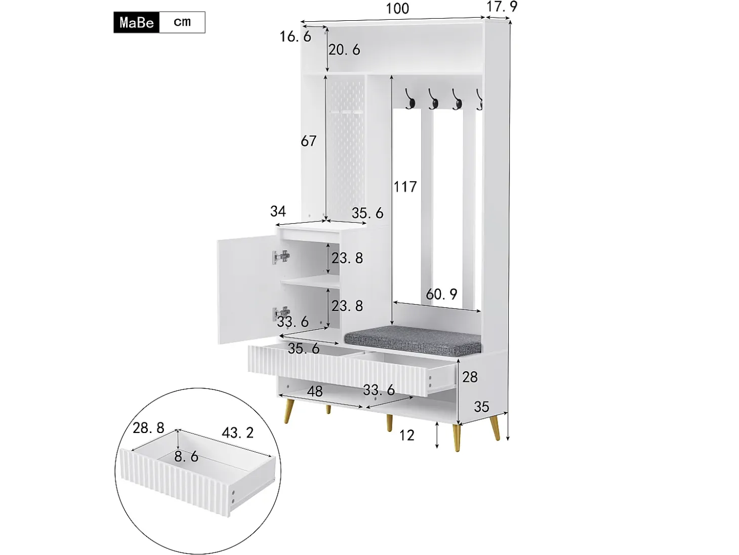 Vestiaire blanc avec 1 porte, 2 tiroirs, 4 patères et 1 banc 100 x 35 x 180 cm