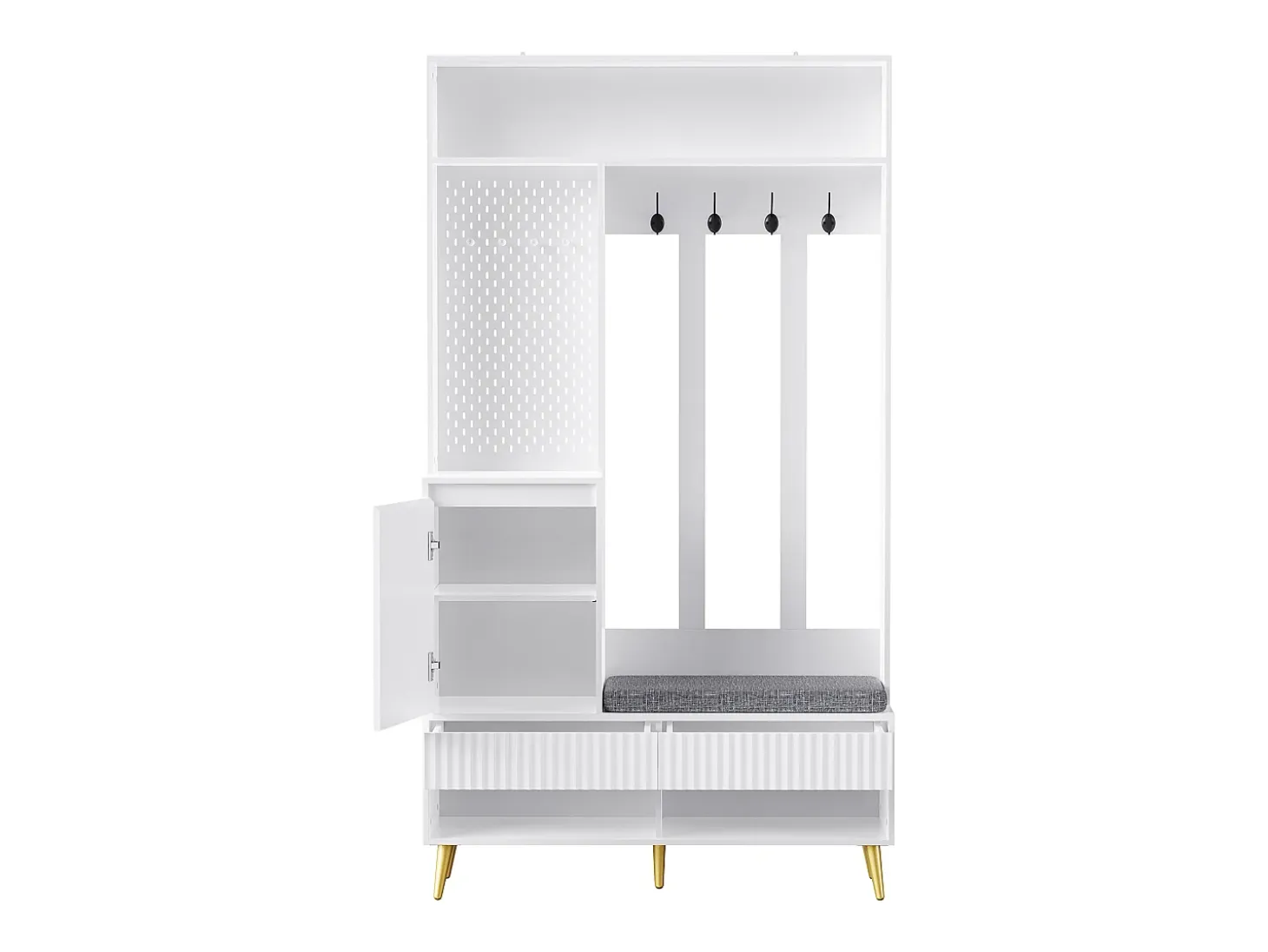 Vestiaire blanc avec 1 porte, 2 tiroirs, 4 patères et 1 banc 100 x 35 x 180 cm