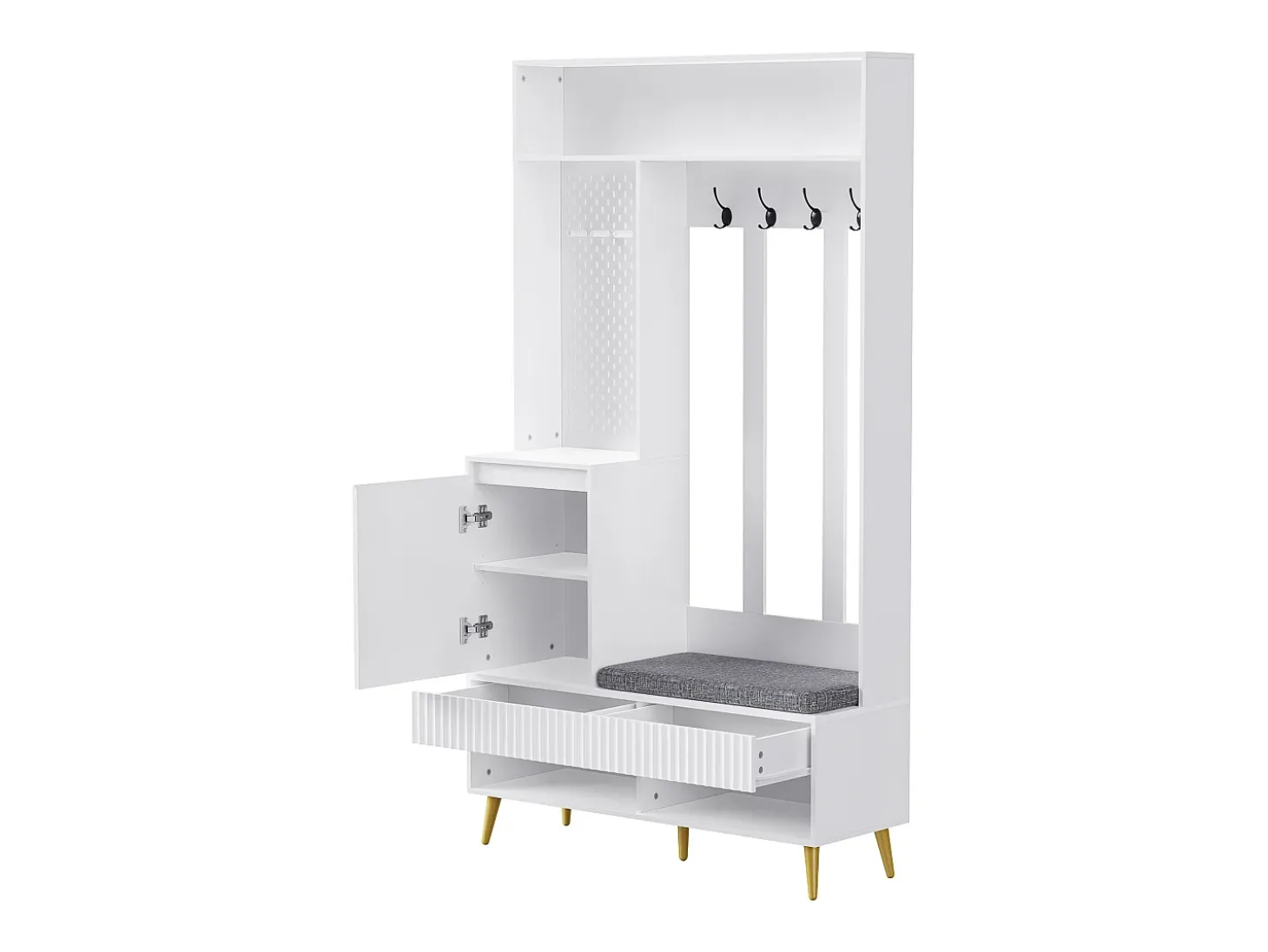 Vestiaire blanc avec 1 porte, 2 tiroirs, 4 patères et 1 banc 100 x 35 x 180 cm