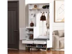 Vestiaire blanc avec 1 porte, 2 tiroirs, 4 patères et 1 banc 100 x 35 x 180 cm