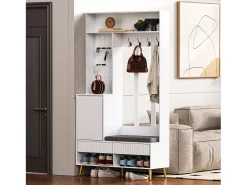Vestiaire blanc avec 1 porte, 2 tiroirs, 4 patères et 1 banc 100 x 35 x 180 cm