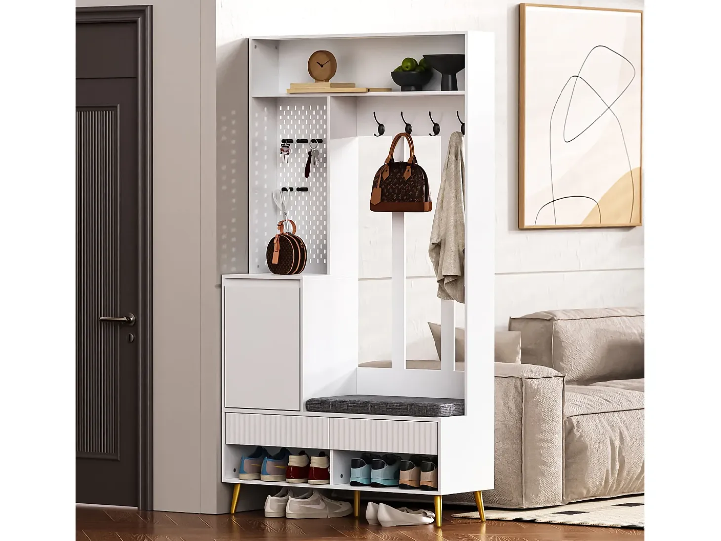 Vestiaire blanc avec 1 porte, 2 tiroirs, 4 patères et 1 banc 100 x 35 x 180 cm