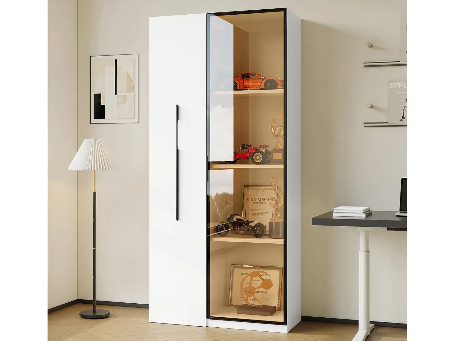 Vitrina 70×40×160 cm - con puerta de vidrio templado - 1 puerta y 1 cajón lateral - con iluminación LED - blanco