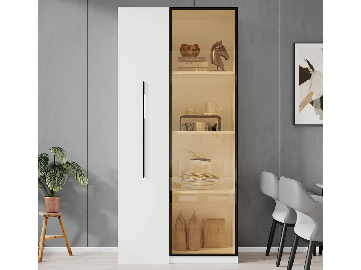 Vitrina 70×40×160 cm - con puerta de vidrio templado - 1 puerta y 1 cajón lateral - con iluminación LED - blanco