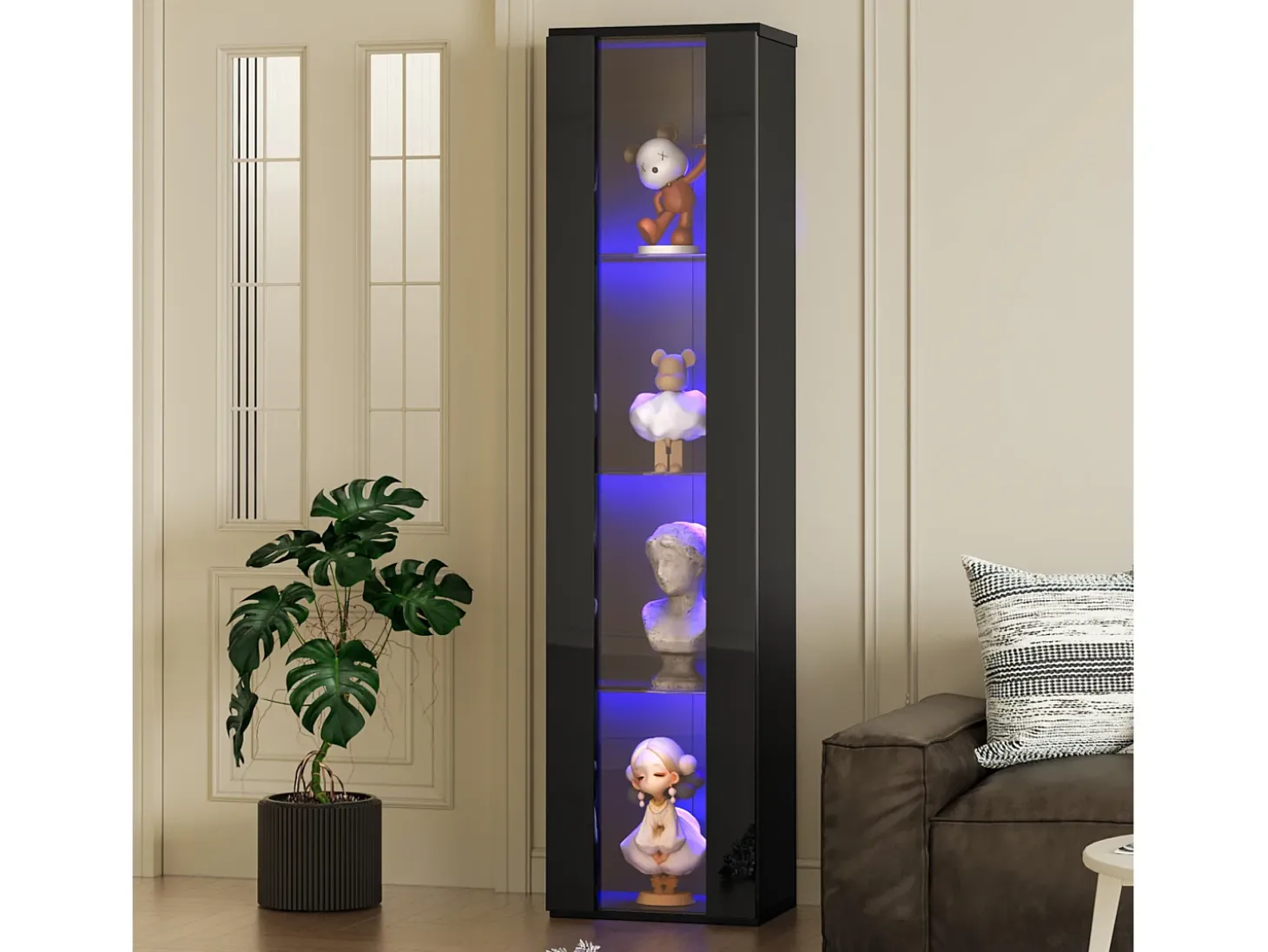 Vitrina 40×29×170 cm - iluminación LED multicolor con mando - divisiones de cristal - negro