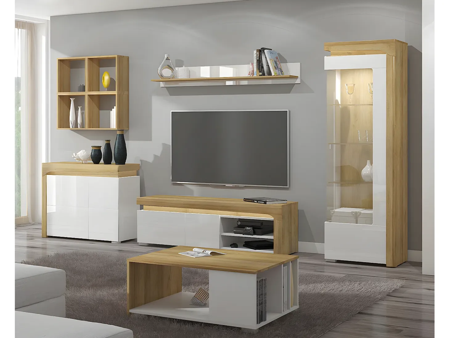 Vitrina 1 puerta apertura a la derecha con LED Teo Blanco y Madera