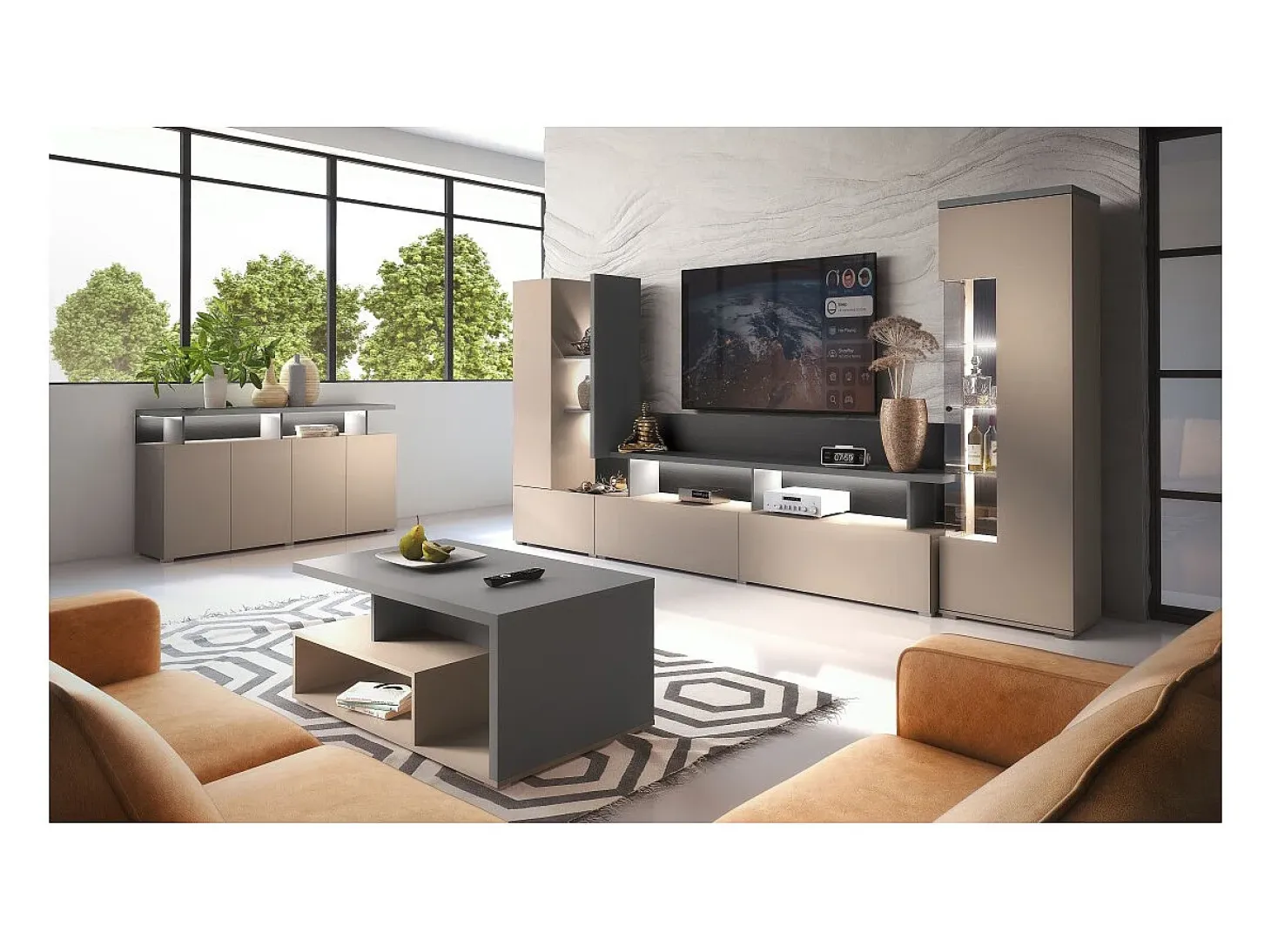 Vitrina 1 puerta NESS – Acabado Congo & Antracita – LED blanco neutro – 10 nichos diseño