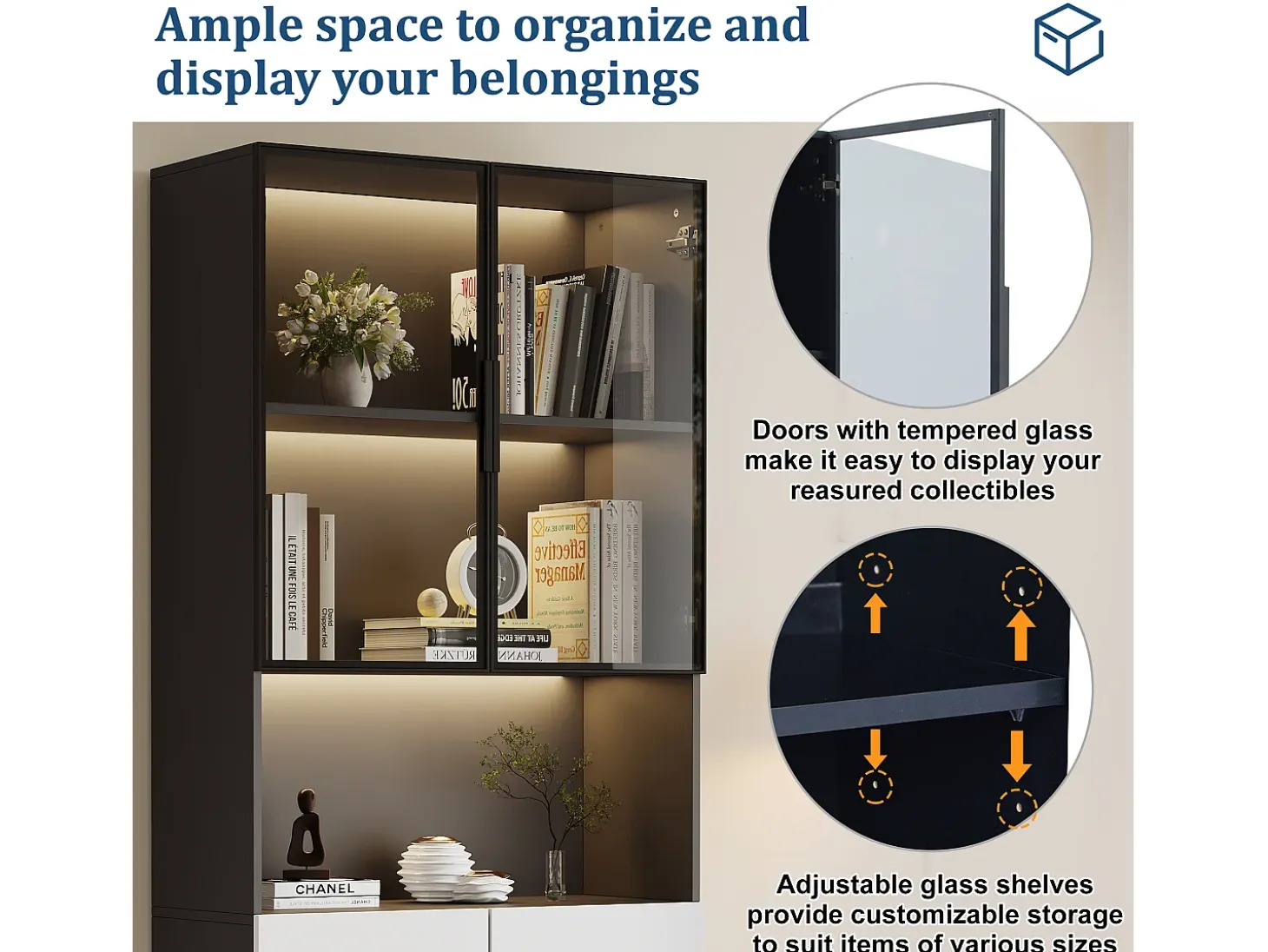 Vitrina 4 puertas - 160 x 30 x 200 cm - LEDs - Tablero de partículas y cristal - Blanco
