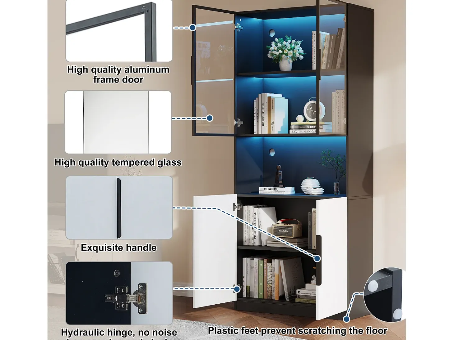 Vitrina 4 puertas - 160 x 30 x 200 cm - LEDs - Tablero de partículas y cristal - Blanco