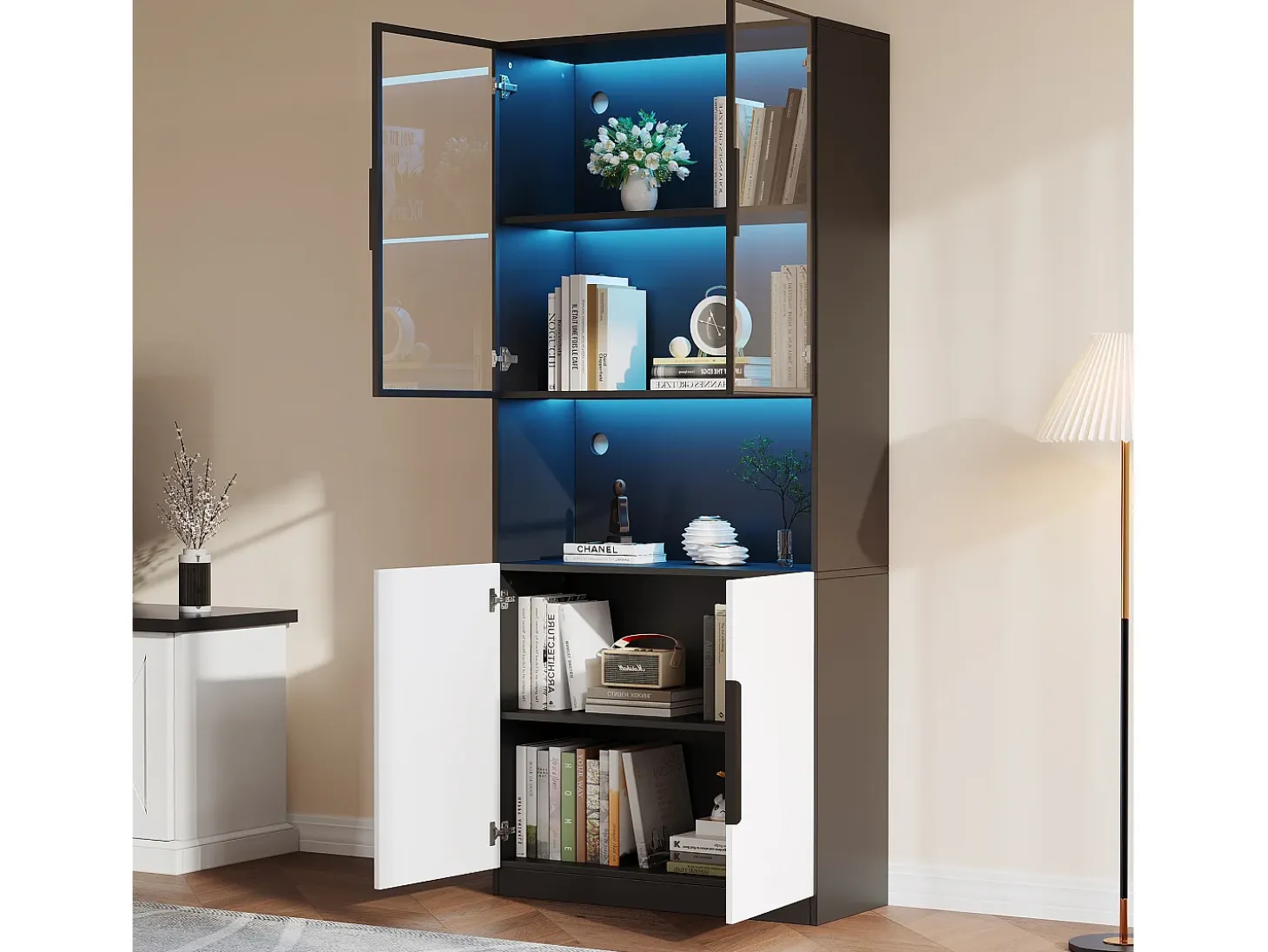 Vitrina 4 puertas - 160 x 30 x 200 cm - LEDs - Tablero de partículas y cristal - Blanco