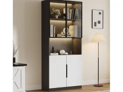 Vitrina 4 puertas - 160 x 30 x 200 cm - LEDs - Tablero de partículas y cristal - Blanco