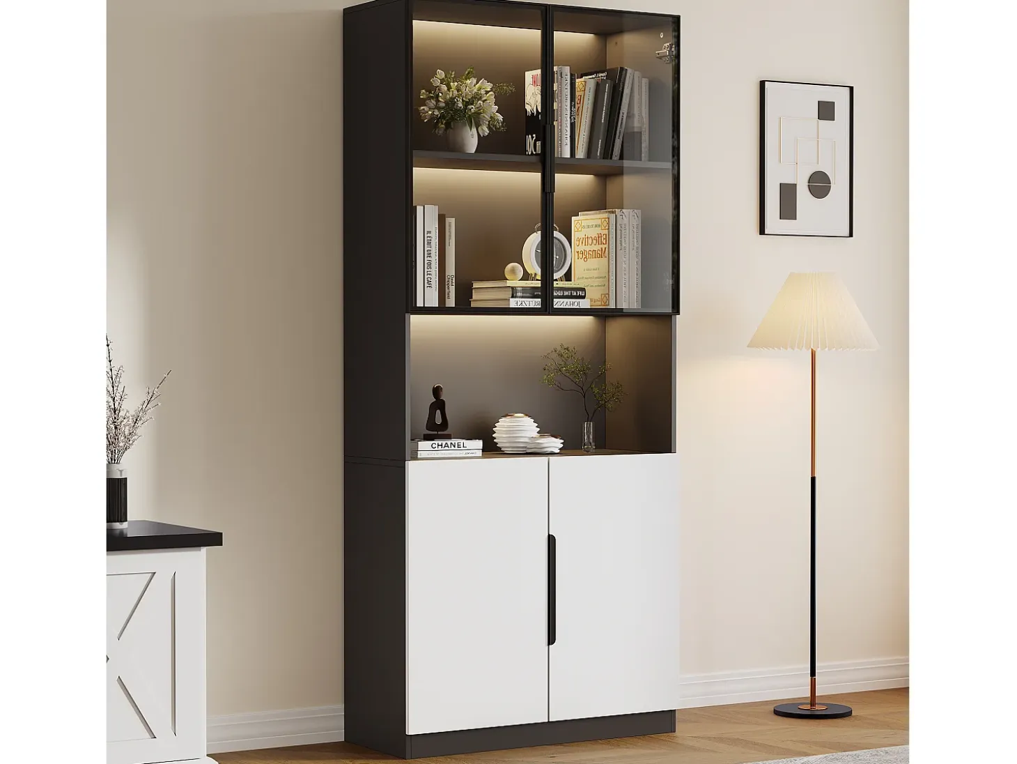 Vitrina 4 puertas - 160 x 30 x 200 cm - LEDs - Tablero de partículas y cristal - Blanco
