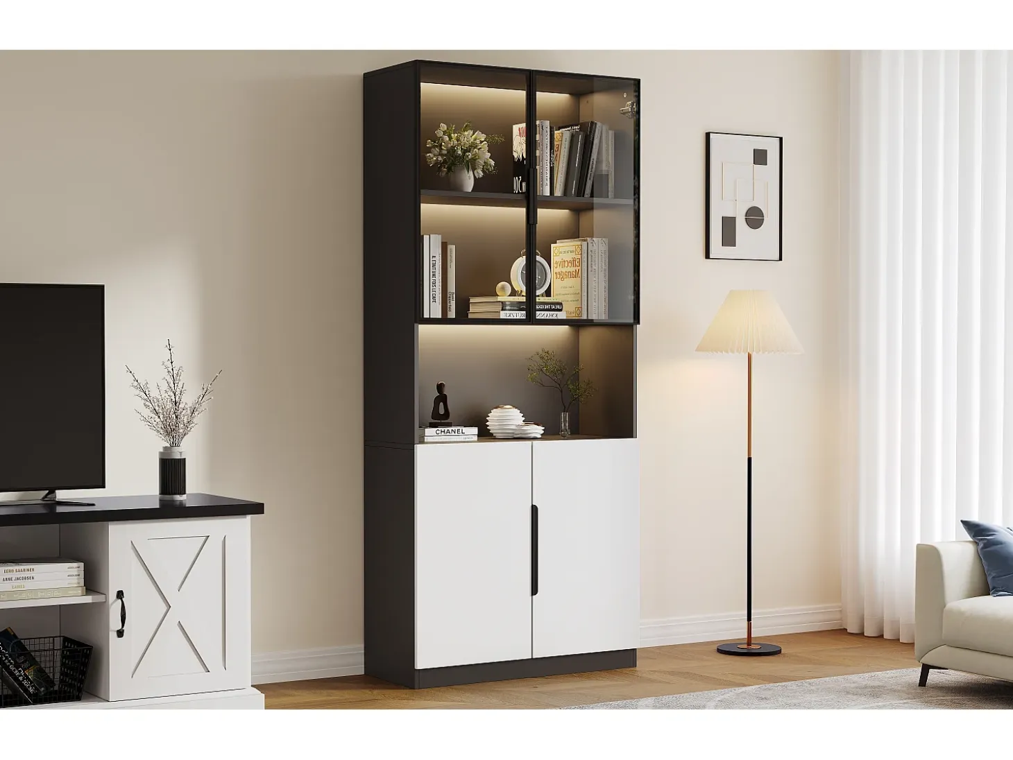 Vitrina 4 puertas - 160 x 30 x 200 cm - LEDs - Tablero de partículas y cristal - Blanco