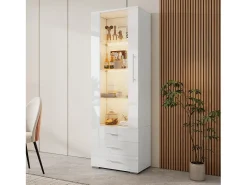 Vitrina alta con 3 cajones y 1 puerta, cuerpo de MDF lacado en blanco, LED incluido - 60x35x180cm